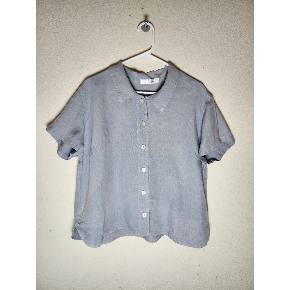 Cut Loose Linen Button Down Shirt Womens Size M Blue Gray Short Sleeve Boxy